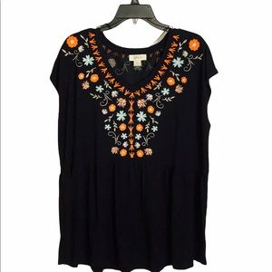 STYLE & CO BLACK EMBROIDERED V-NECK TOP - XL
